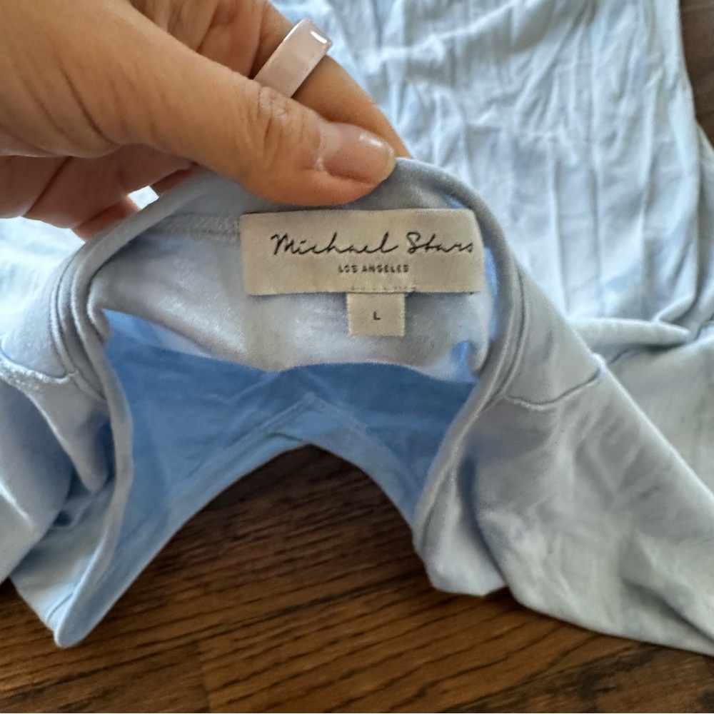 Michael Stars Blue Tie Dye Cotton T-Shirt Dress | Light Blue V-Neck Tee - Picture 10 of 13
